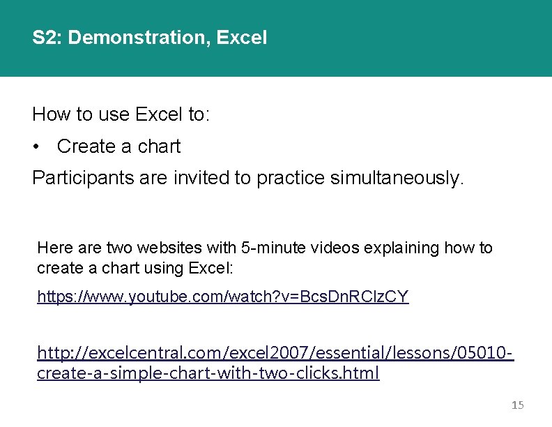 S 2: Demonstration, Excel How to use Excel to: • Create a chart Participants
