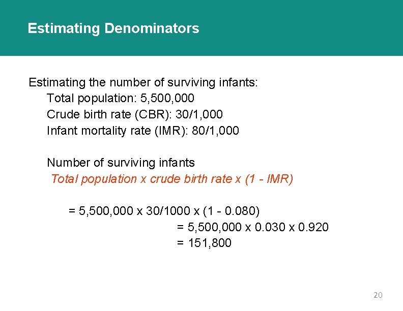 Estimating Denominators Estimating the number of surviving infants: Total population: 5, 500, 000 Crude