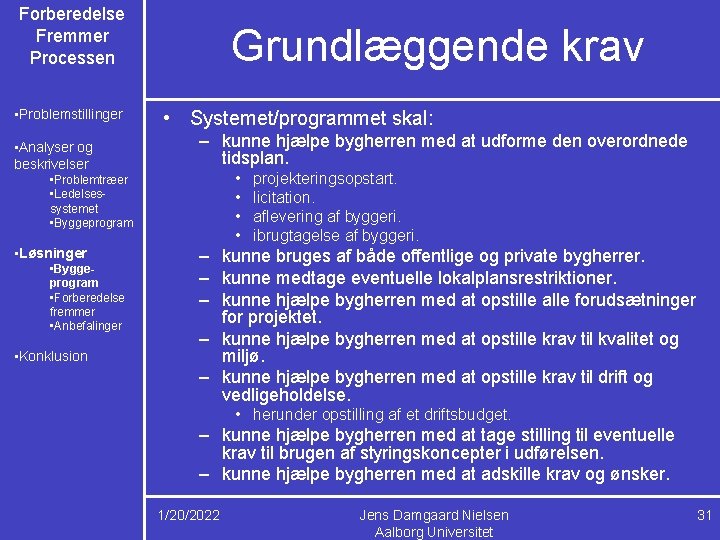 Forberedelse Fremmer Processen • Problemstillinger • Analyser og beskrivelser Grundlæggende krav • Systemet/programmet skal: