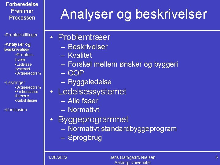 Forberedelse Fremmer Processen • Problemstillinger • Analyser og beskrivelser • Problemtræer • Ledelsessystemet •