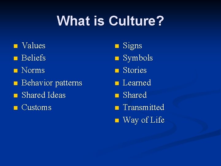 What is Culture? n n n Values Beliefs Norms Behavior patterns Shared Ideas Customs