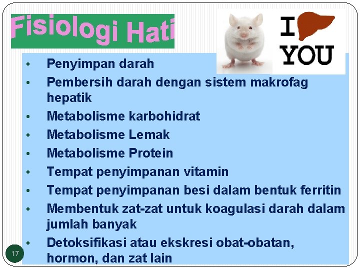  • • • 17 Penyimpan darah Pembersih darah dengan sistem makrofag hepatik Metabolisme