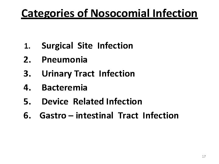 Categories of Nosocomial Infection 1. 2. 3. 4. 5. 6. Surgical Site Infection Pneumonia