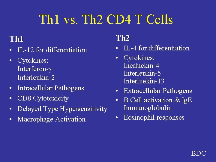 Th 1 vs. Th 2 CD 4 T Cells Th 1 Th 2 •