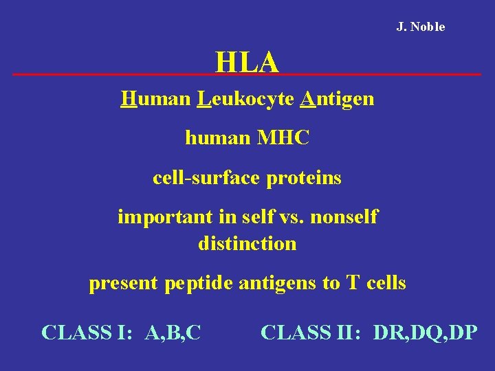 J. Noble HLA Human Leukocyte Antigen human MHC cell-surface proteins important in self vs.