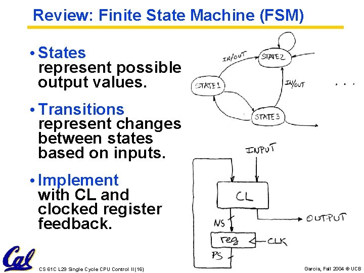 Review: Finite State Machine (FSM) • States represent possible output values. • Transitions represent