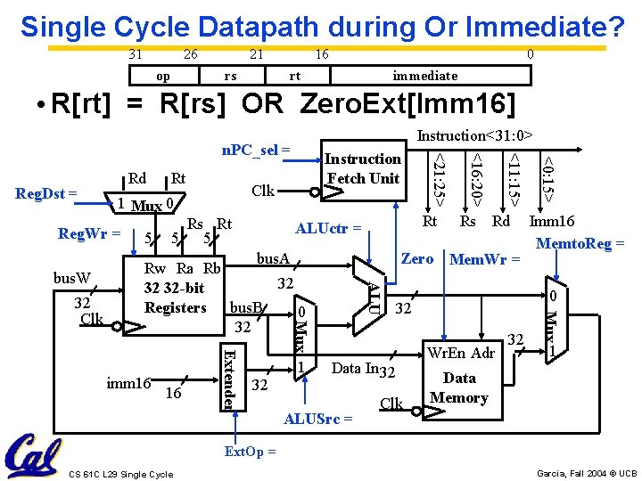 Single Cycle Datapath during Or Immediate? 31 26 op 21 rs 16 0 rt
