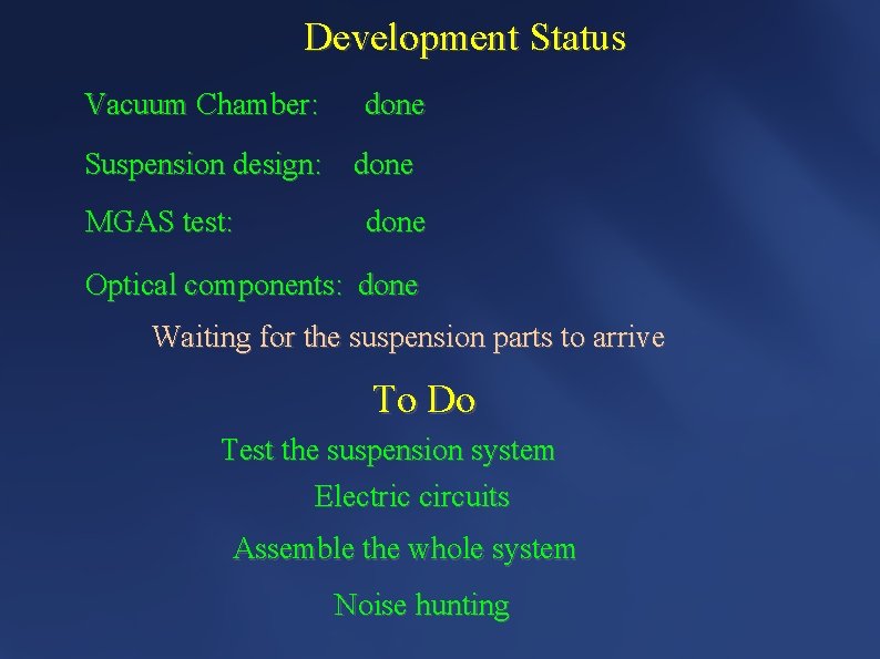 Development Status Vacuum Chamber: done Suspension design: done MGAS test: done Optical components: done