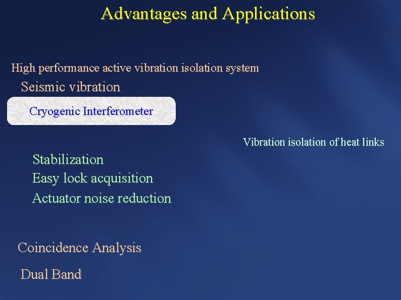 Advantages and Applications High performance active vibration isolation system Seismic vibration Cryogenic Interferometer Vibration