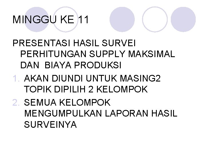 MINGGU KE 11 PRESENTASI HASIL SURVEI PERHITUNGAN SUPPLY MAKSIMAL DAN BIAYA PRODUKSI 1. AKAN