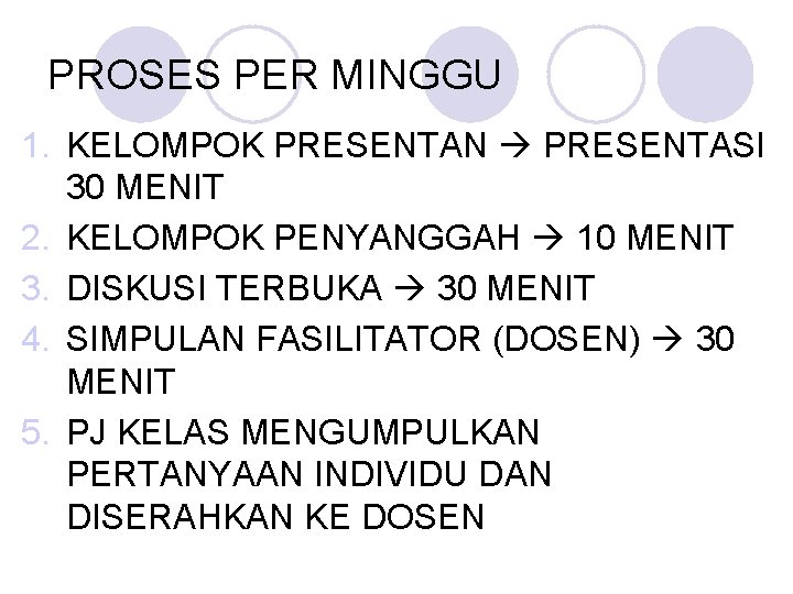 PROSES PER MINGGU 1. KELOMPOK PRESENTAN PRESENTASI 30 MENIT 2. KELOMPOK PENYANGGAH 10 MENIT