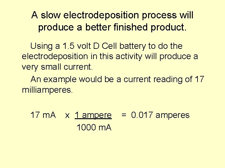 A slow electrodeposition process will produce a better finished product. Using a 1. 5