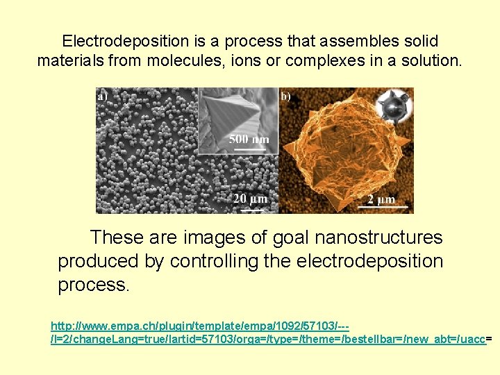 Electrodeposition is a process that assembles solid materials from molecules, ions or complexes in