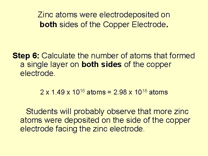 Zinc atoms were electrodeposited on both sides of the Copper Electrode. Step 6: Calculate