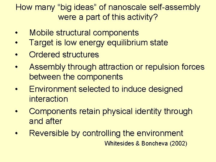 How many “big ideas” of nanoscale self-assembly were a part of this activity? •