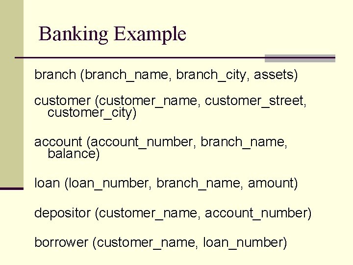 Banking Example branch (branch_name, branch_city, assets) customer (customer_name, customer_street, customer_city) account (account_number, branch_name, balance)