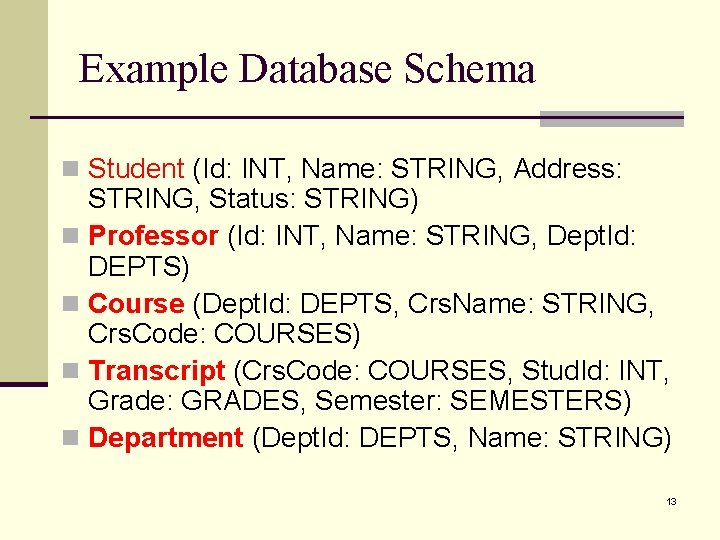 Example Database Schema n Student (Id: INT, Name: STRING, Address: STRING, Status: STRING) n