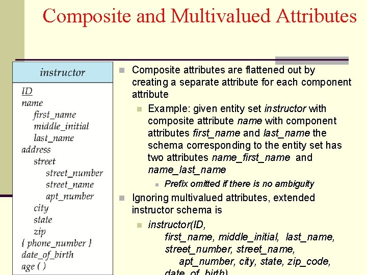 Composite and Multivalued Attributes n Composite attributes are flattened out by creating a separate