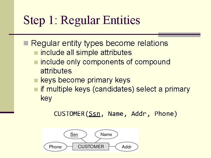 Step 1: Regular Entities n Regular entity types become relations n include all simple