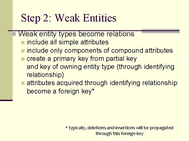 Step 2: Weak Entities n Weak entity types become relations n include all simple