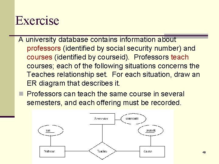 Exercise A university database contains information about professors (identified by social security number) and