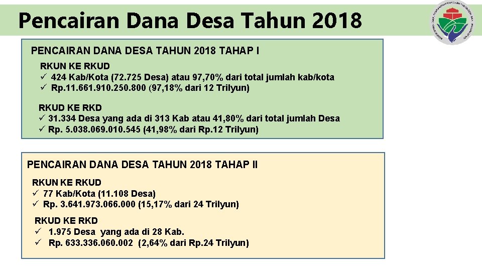 Pencairan Dana Desa Tahun 2018 PENCAIRAN DANA DESA TAHUN 2018 TAHAP I RKUN KE