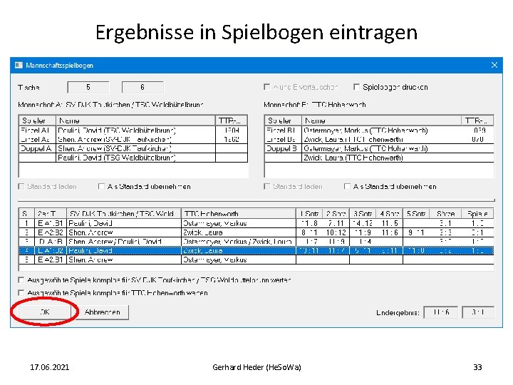 Ergebnisse in Spielbogen eintragen 17. 06. 2021 Gerhard Heder (He. So. Wa) 33 