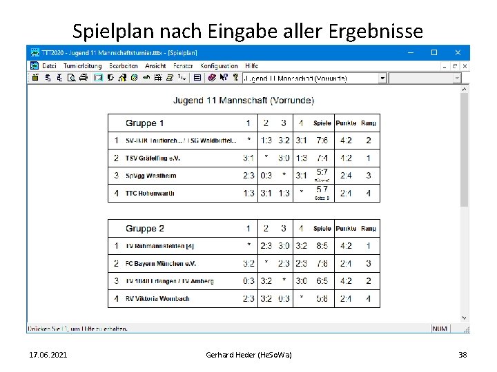 Spielplan nach Eingabe aller Ergebnisse 17. 06. 2021 Gerhard Heder (He. So. Wa) 38
