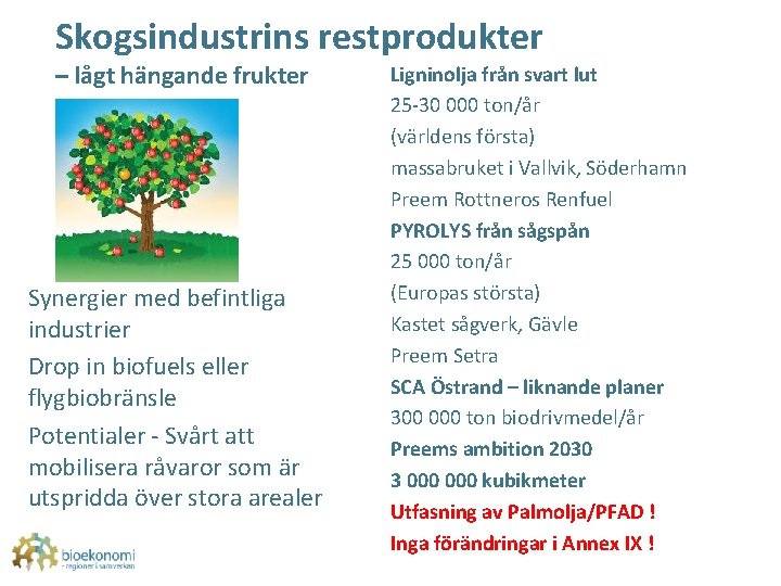 Skogsindustrins restprodukter – lågt hängande frukter Synergier med befintliga industrier Drop in biofuels eller