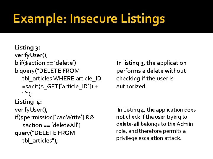 Example: Insecure Listings Listing 3: verify. User(); b if($action == ’delete’) b query("DELETE FROM