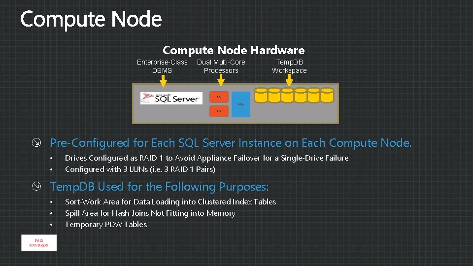 Compute Node Hardware Enterprise-Class DBMS Dual Multi-Core Processors Temp. DB Workspace CPU DUAL 4