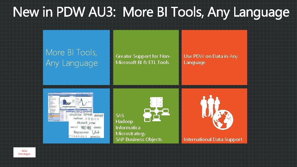 More BI Tools, Any Language Greater Support for Non. Microsoft BI & ETL Tools