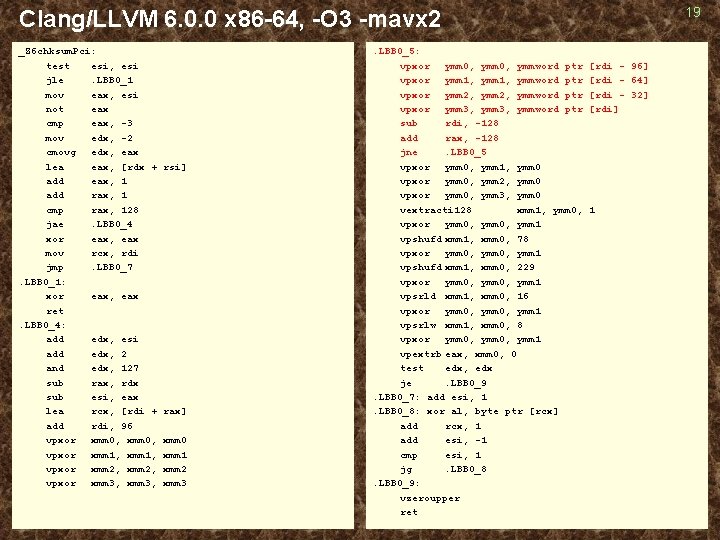 19 Clang/LLVM 6. 0. 0 x 86 -64, -O 3 -mavx 2 _Z 6