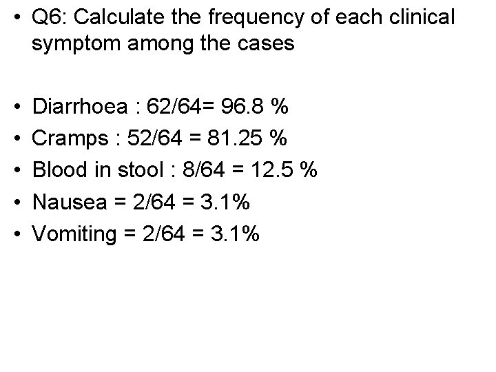  • Q 6: Calculate the frequency of each clinical symptom among the cases