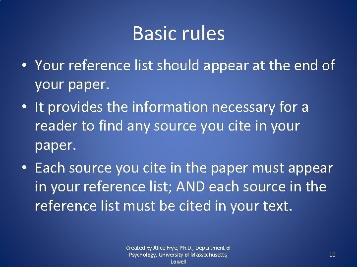 Basic rules • Your reference list should appear at the end of your paper.