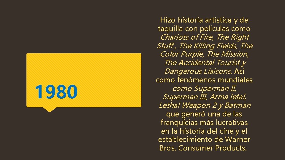 Hizo historia artística y de taquilla con películas como Chariots of Fire, The Right