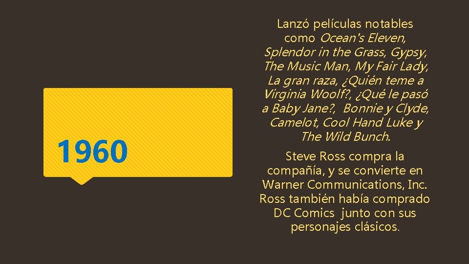 Lanzó películas notables como Ocean's Eleven, 1960 Splendor in the Grass, Gypsy, The Music