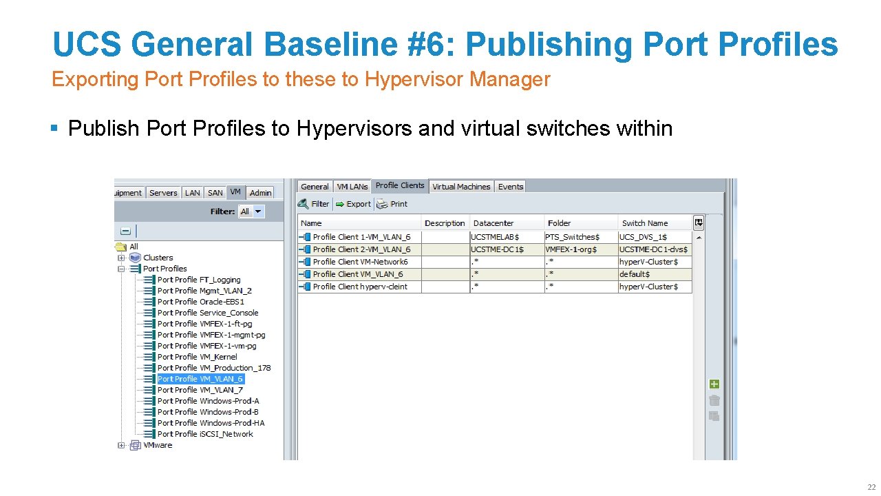 UCS General Baseline #6: Publishing Port Profiles Exporting Port Profiles to these to Hypervisor