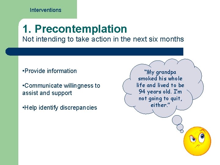 Interventions 1. Precontemplation Not intending to take action in the next six months •