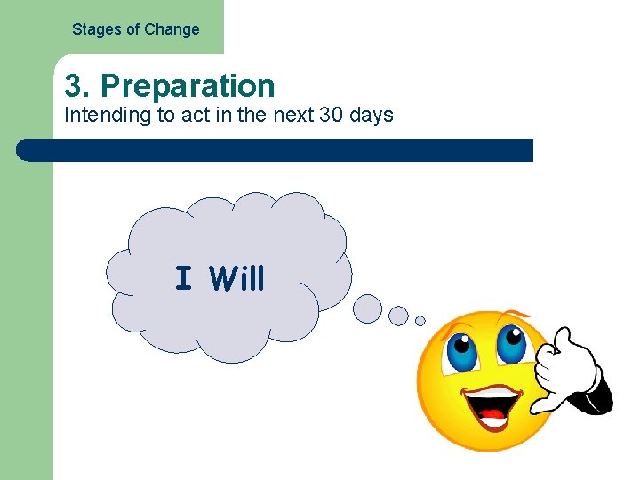 Stages of Change 3. Preparation Intending to act in the next 30 days I