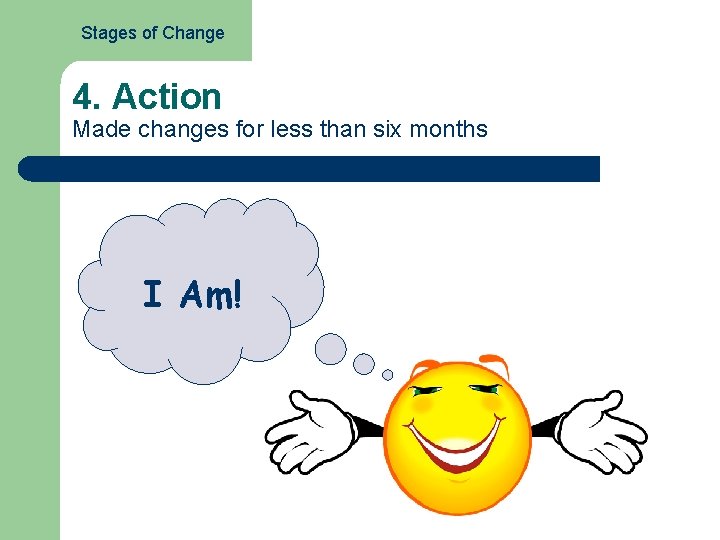 Stages of Change 4. Action Made changes for less than six months I Am!