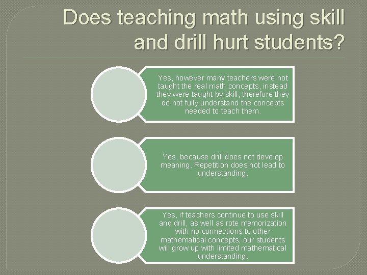 Does teaching math using skill and drill hurt students? Yes, however many teachers were