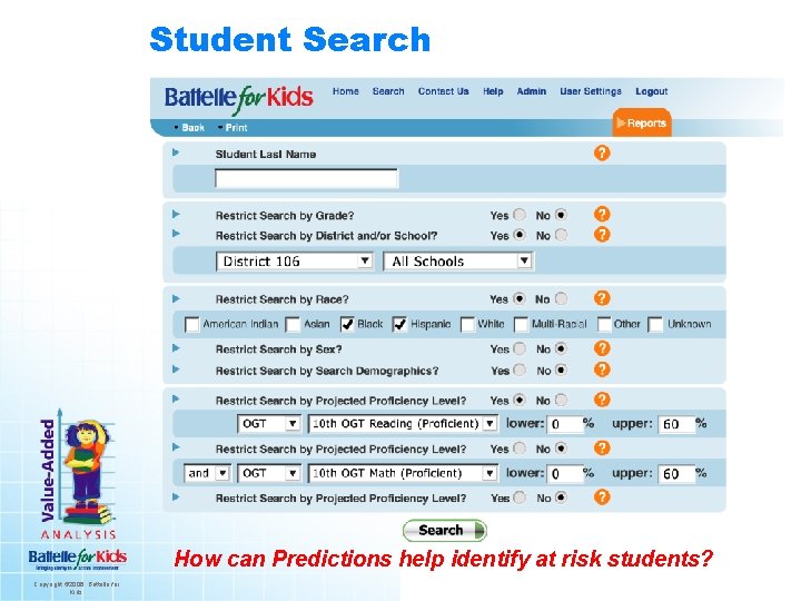 Student Search How can Predictions help identify at risk students? Copyright © 2006. Battelle