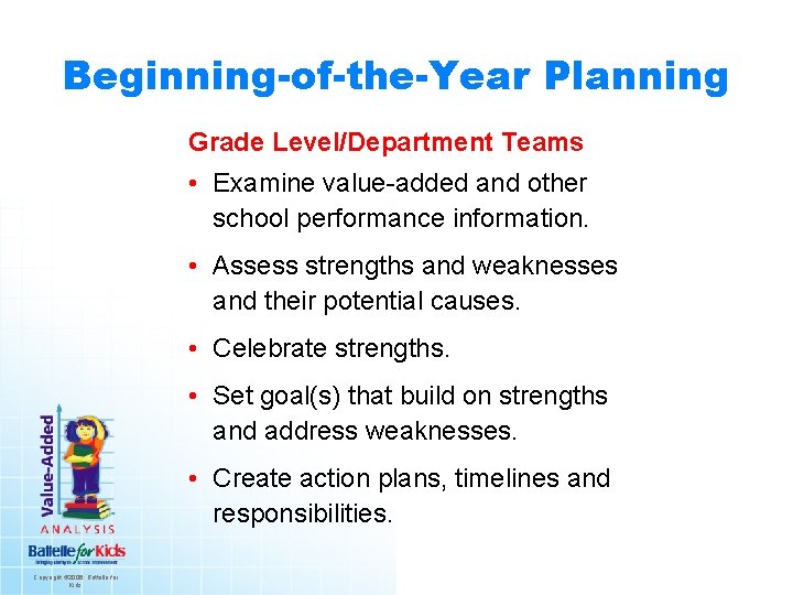 Beginning-of-the-Year Planning Grade Level/Department Teams • Examine value-added and other school performance information. •