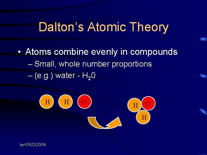Dalton’s Atomic Theory • Atoms combine evenly in compounds – Small, whole number proportions Dalton’s Atomic Theory • Atoms combine evenly in compounds – Small, whole number proportions