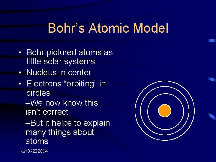 Bohr’s Atomic Model • Bohr pictured atoms as little solar systems • Nucleus in Bohr’s Atomic Model • Bohr pictured atoms as little solar systems • Nucleus in