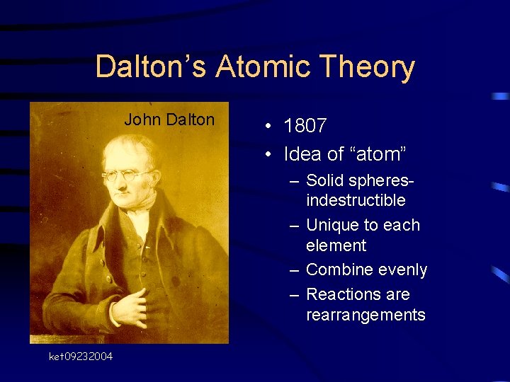 Dalton’s Atomic Theory John Dalton • 1807 • Idea of “atom” – Solid spheresindestructible Dalton’s Atomic Theory John Dalton • 1807 • Idea of “atom” – Solid spheresindestructible