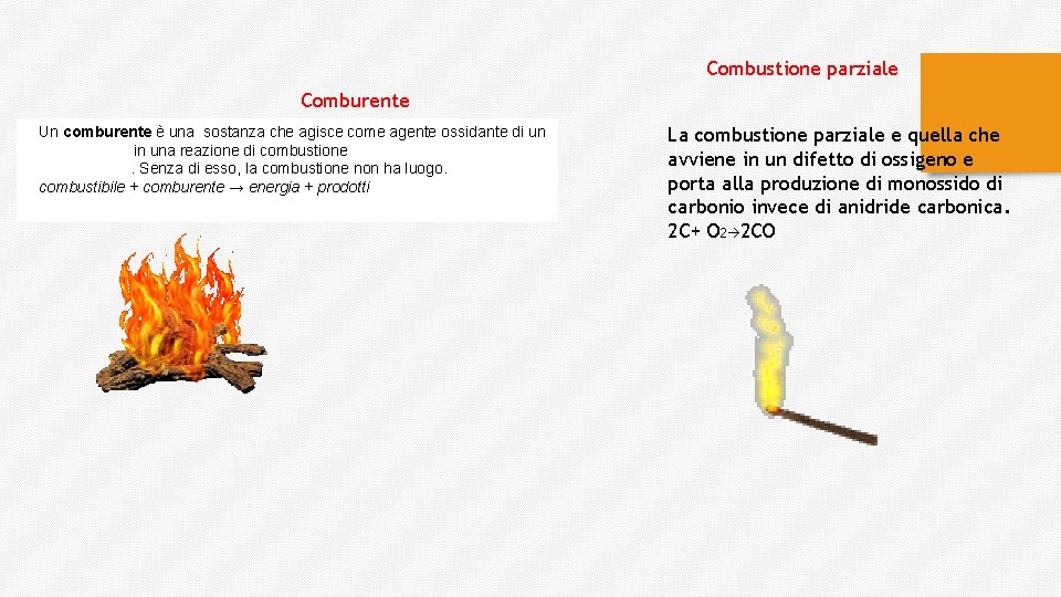 Combustione parziale Comburente Un comburente è una sostanza che agisce come agente ossidante di