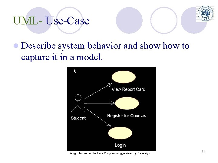 UML- Use-Case l Describe system behavior and show to capture it in a model. UML- Use-Case l Describe system behavior and show to capture it in a model.