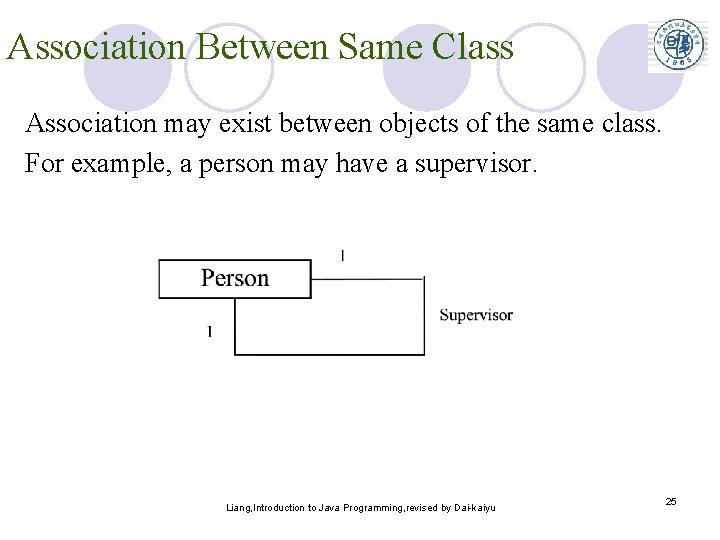 Association Between Same Class Association may exist between objects of the same class. For Association Between Same Class Association may exist between objects of the same class. For